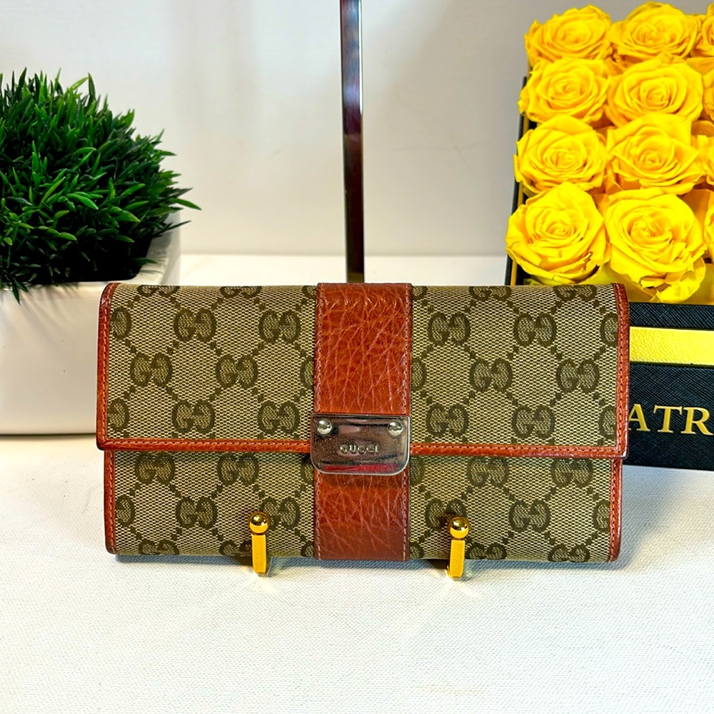 EUC Tan and Coral Gucci Long Canvas Wallet